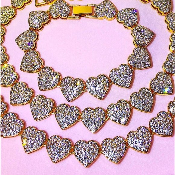 Gold Plated Heart Crystal Necklace Paved, Ice Out, Bling, Choker - Picture 5 of 14